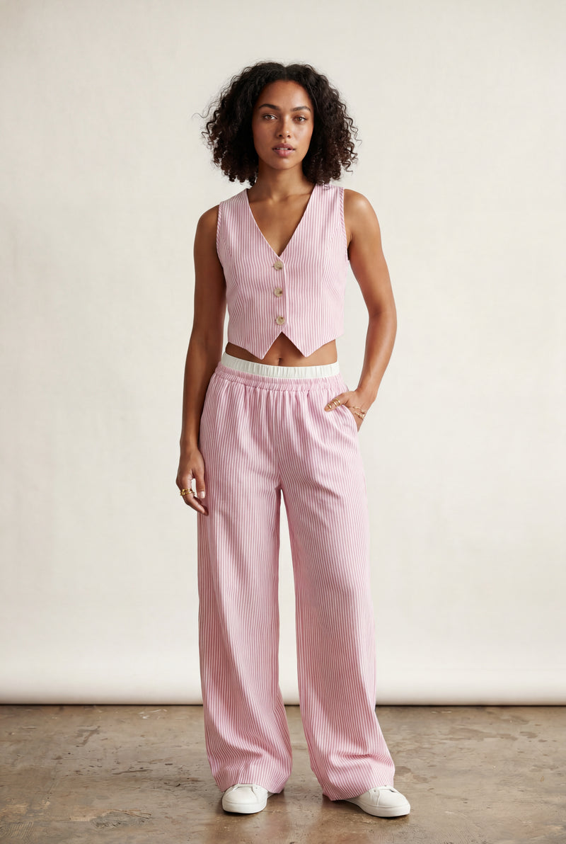 Pink Women's Pinstriped Sleeveless Waistcoat and Wide-Leg Trousers Set - Waistcoat and trousers - Photo 1