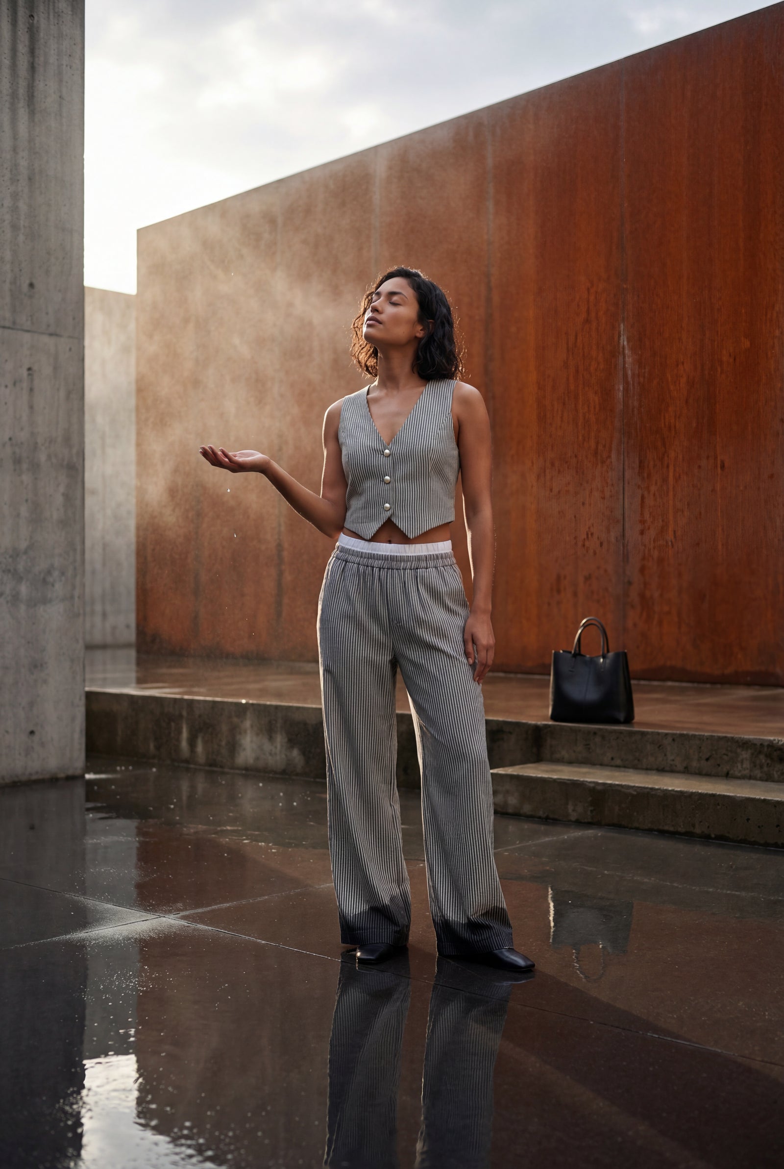 Gray Women's Pinstriped Sleeveless Waistcoat and Wide-Leg Trousers Set - Waistcoat and trousers - Photo 12