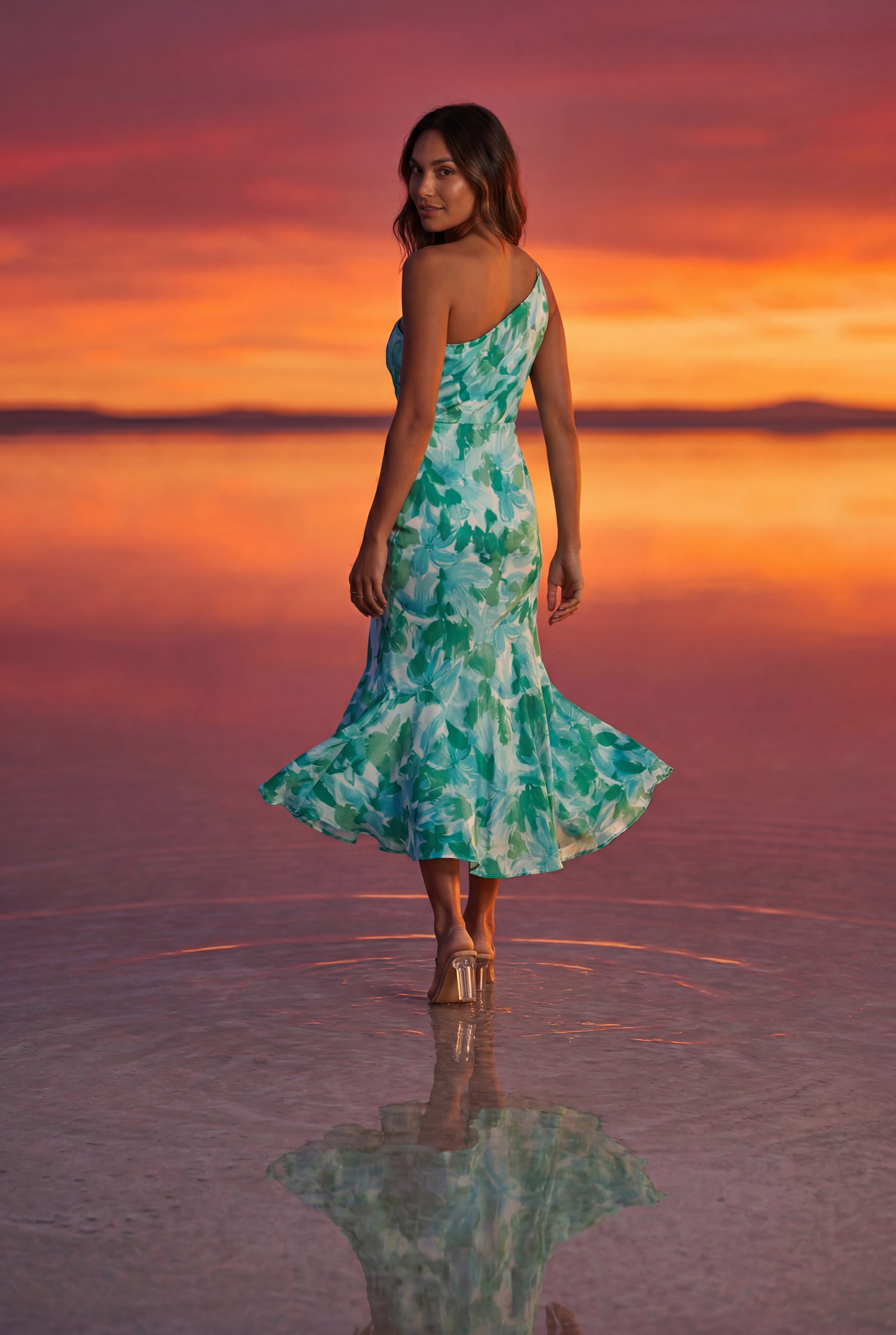 Light Blue Asymmetrical One-shoulder Floral Print Midi Dress - Photo 12