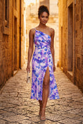 Purple Asymmetrical One-shoulder Floral Print Midi Dress - Photo 20