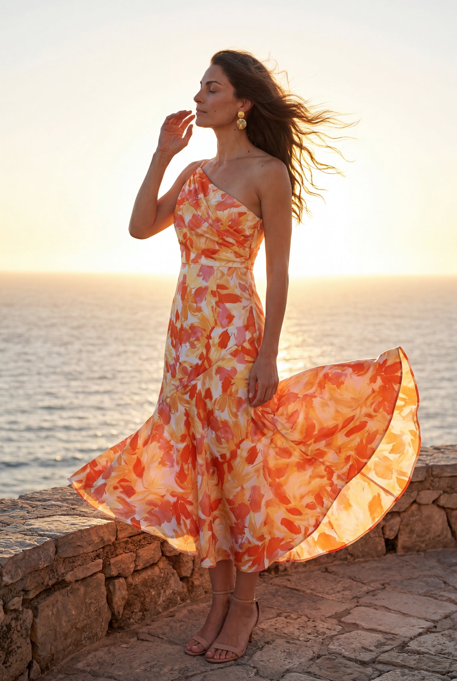 Orange Asymmetrical One-shoulder Floral Print Midi Dress - Photo 26