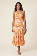 Orange Asymmetrical One-shoulder Floral Print Midi Dress - Photo 4