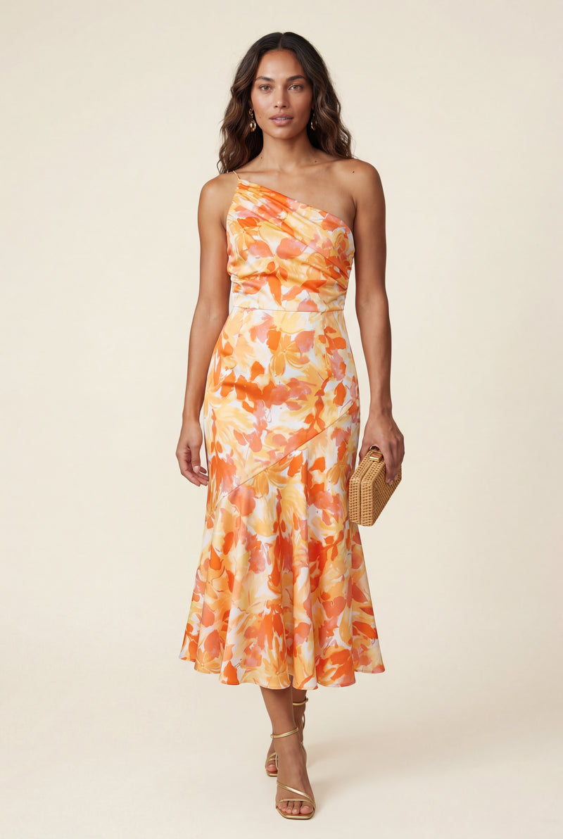 Orange Asymmetrical One-shoulder Floral Print Midi Dress - Photo 4