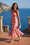Pink Asymmetrical One-shoulder Floral Print Midi Dress - Photo 5