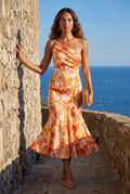 Orange Asymmetrical One-shoulder Floral Print Midi Dress - Photo 8
