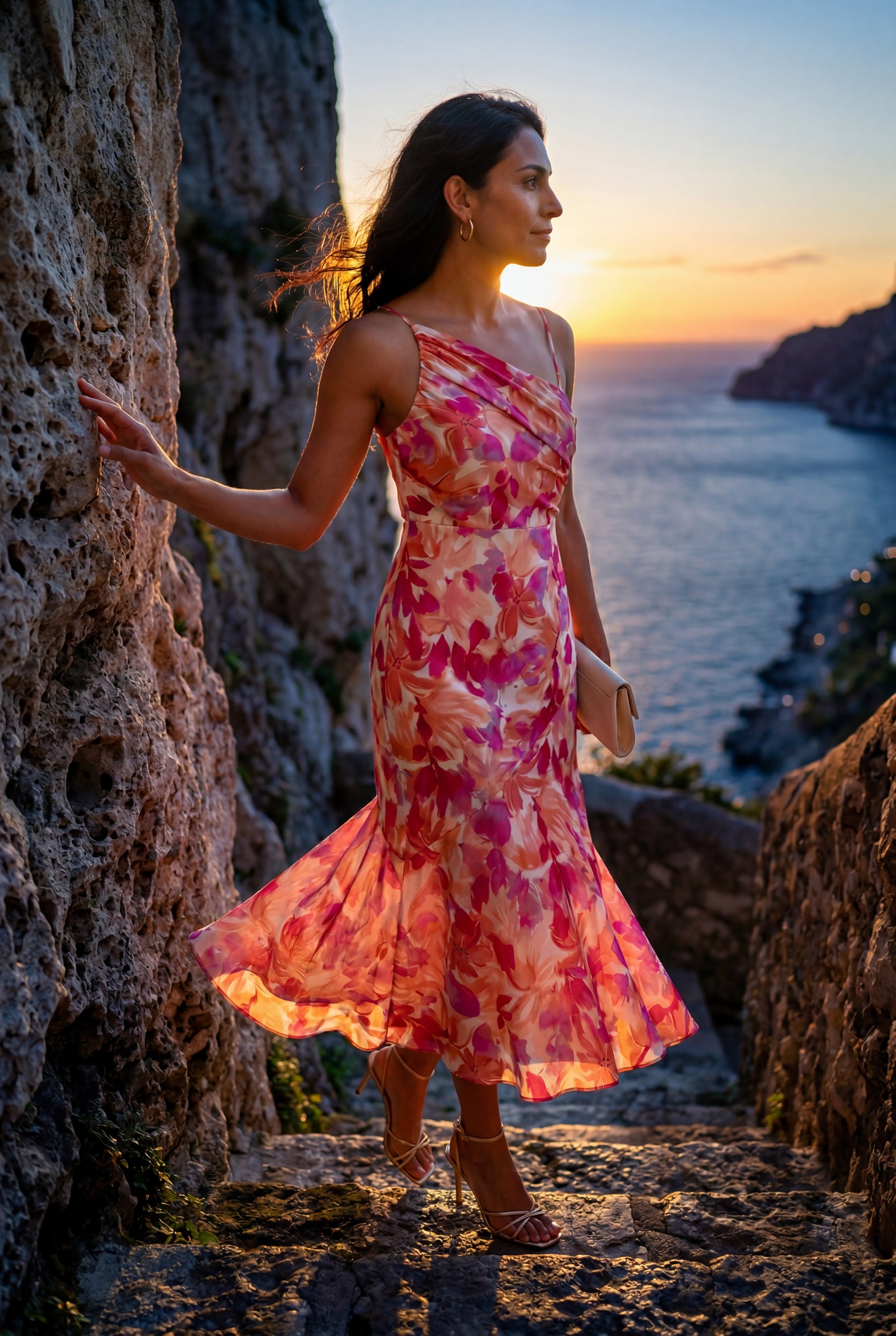 Pink Asymmetrical One-shoulder Floral Print Midi Dress - Photo 9