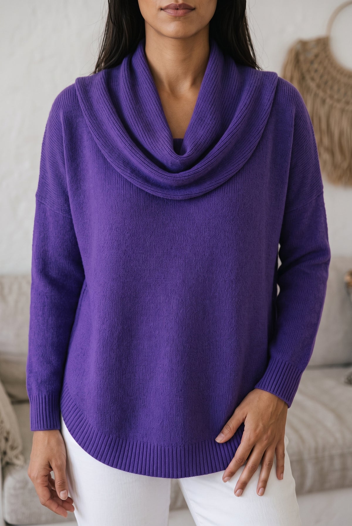 Cowl Neck Knit Sweater in Purple — studio front
