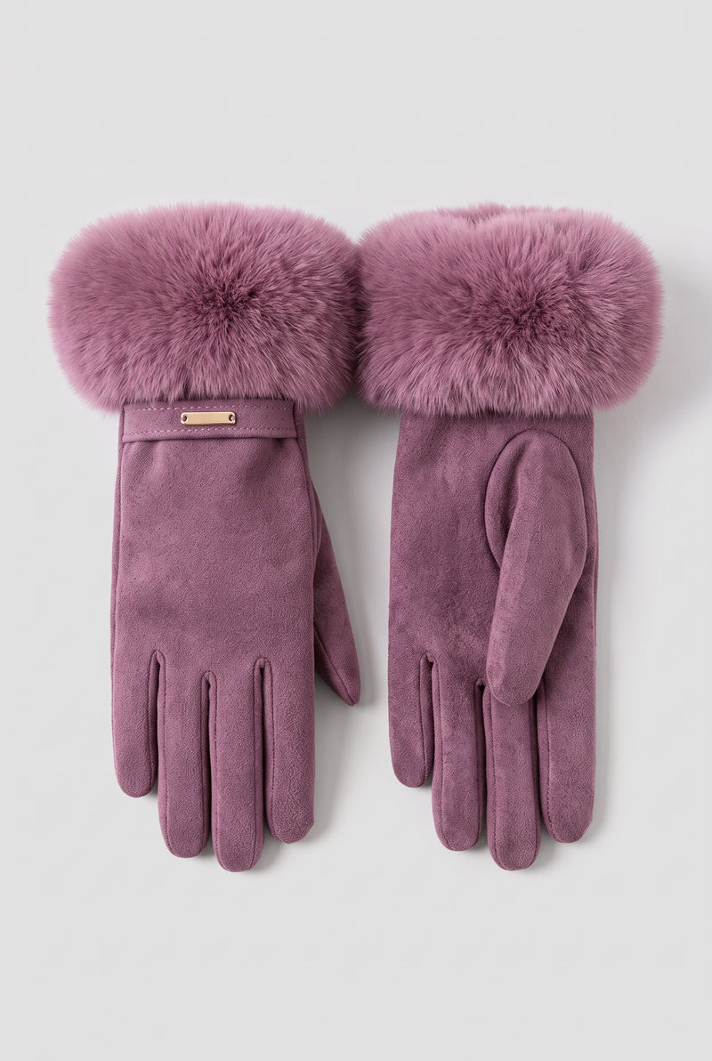 Faux Fur Cuff Gloves in Purple — studio front
