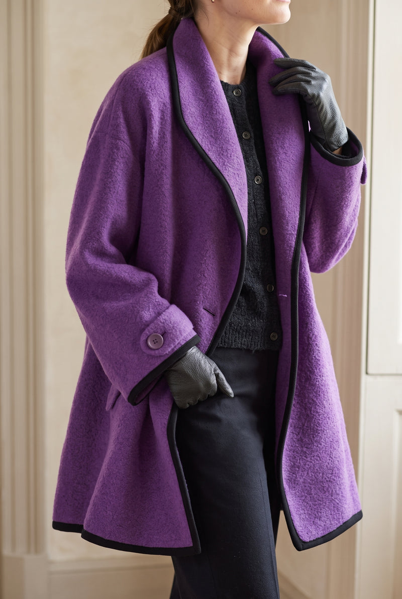 Open-Front Wool Coat in Purple — studio front