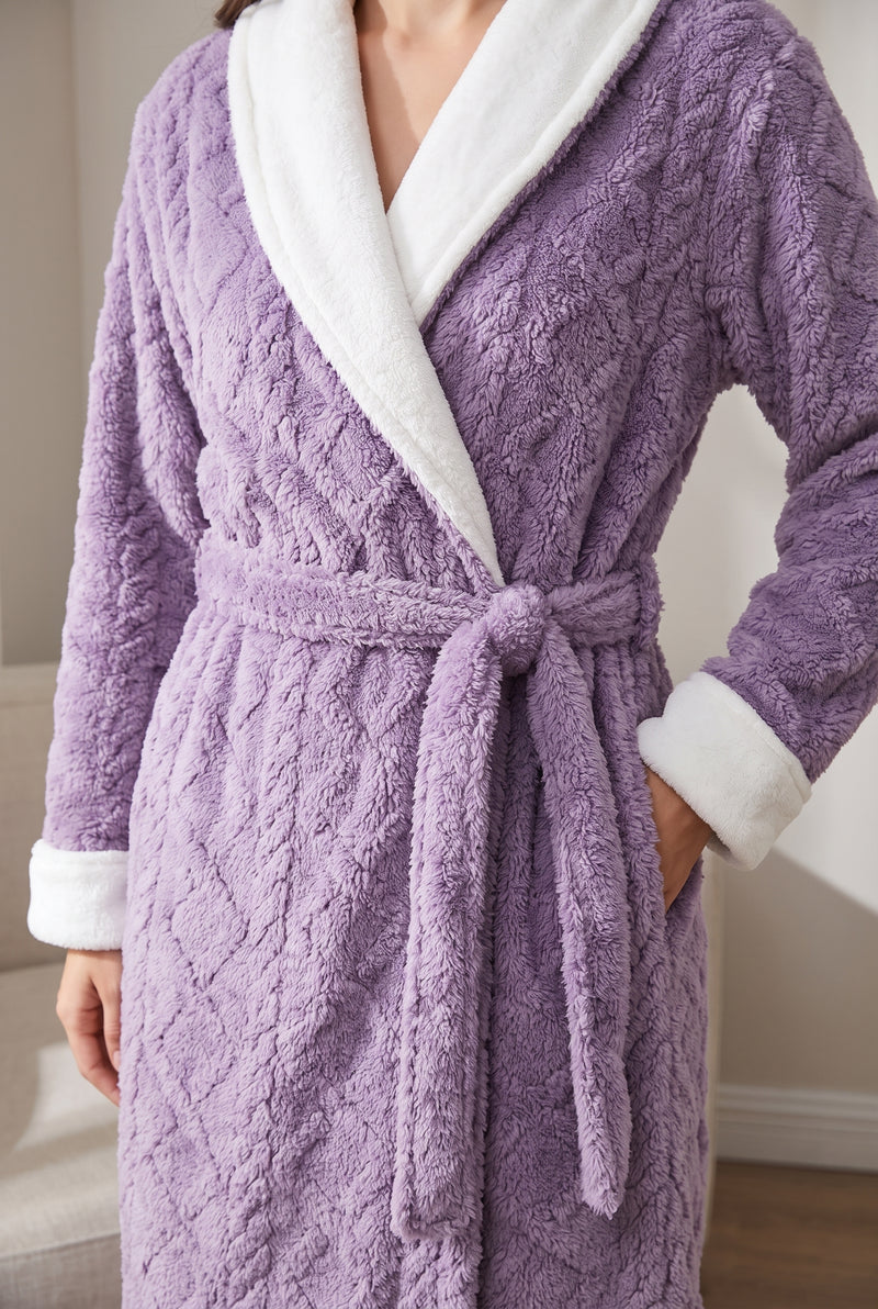 Plush Hooded Robe in Purple — studio detail