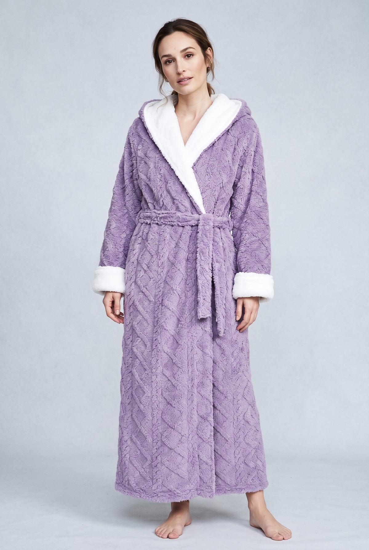 Plush Hooded Robe in Purple — studio front