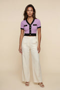 Purple Ribbed Contrast-trim Cropped Cardigan Top - Cropped tops - Photo 9