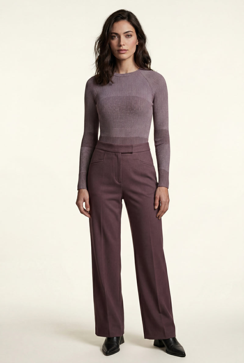Purple Ribbed Fitted Crew Neck Long Sleeve Top - Fitted tops - Photo 1