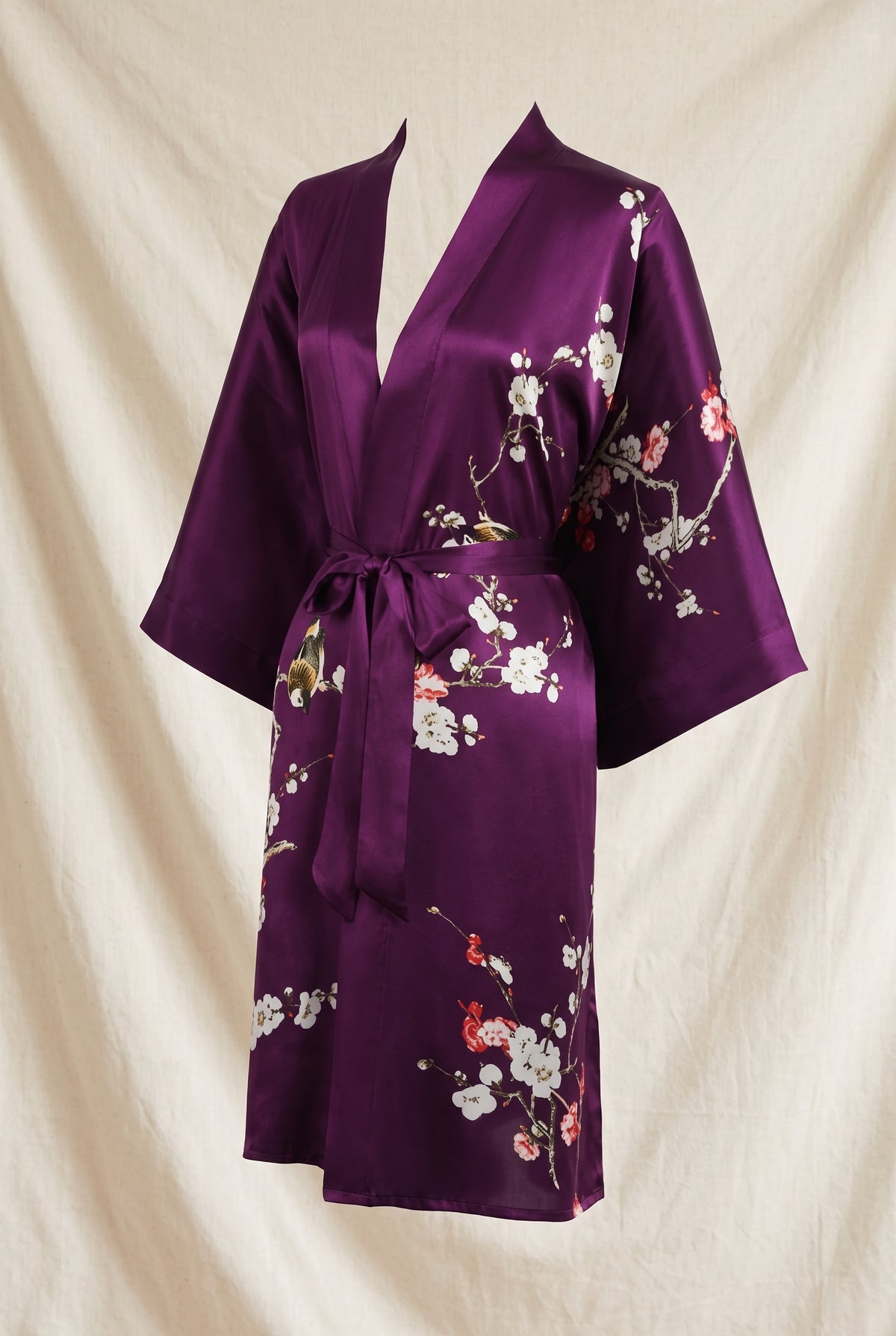 Silk Kimono Robe in Purple — studio front