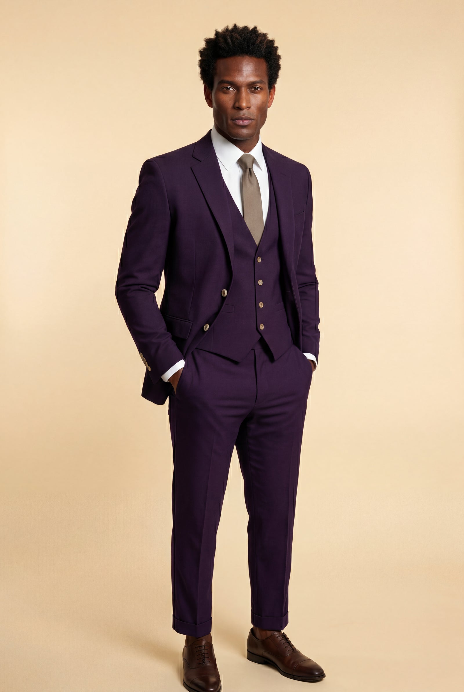 Purple Slim-fit Three-piece Wedding Suit with Notch Lapel Blazer - Photo 10