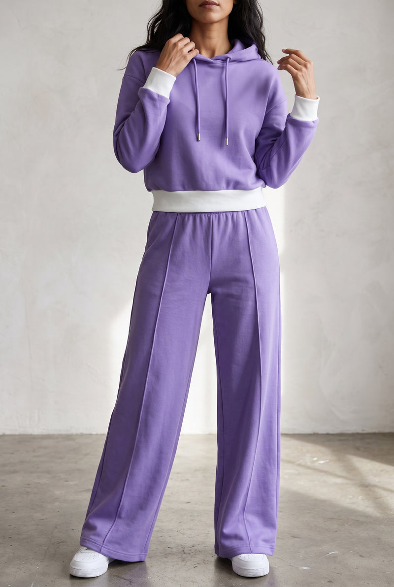 Smooth Knit Hoodie Jogger Set in Purple — studio front