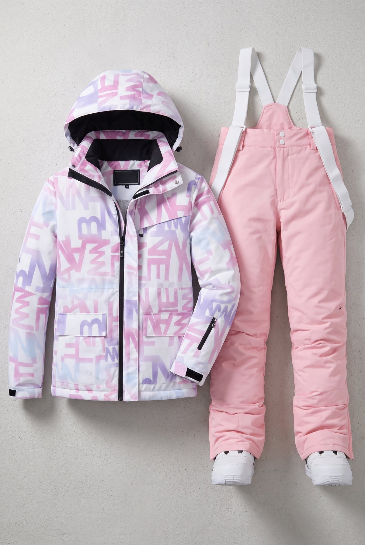 Hooded Ski Outfit Set in Purple with pink — studio front