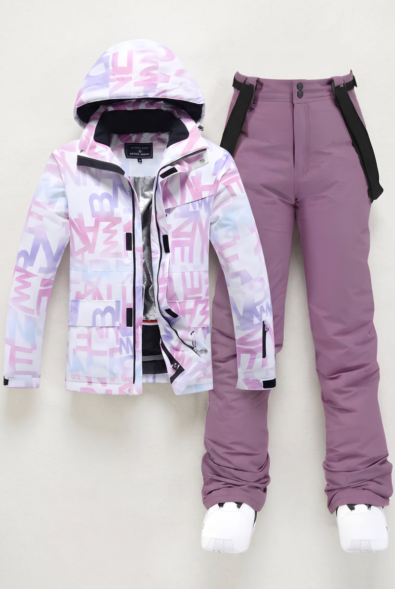 Hooded Ski Outfit Set in Purple with purple — studio front