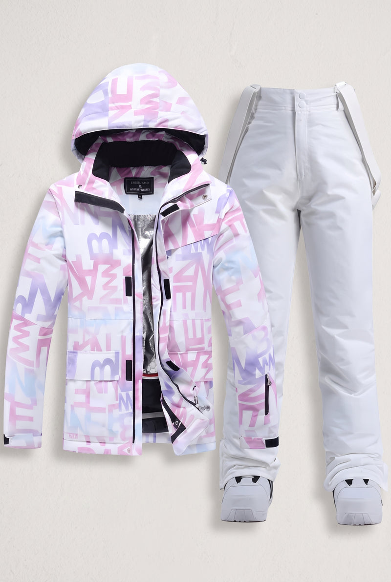 Hooded Ski Outfit Set in Purple with white — studio front