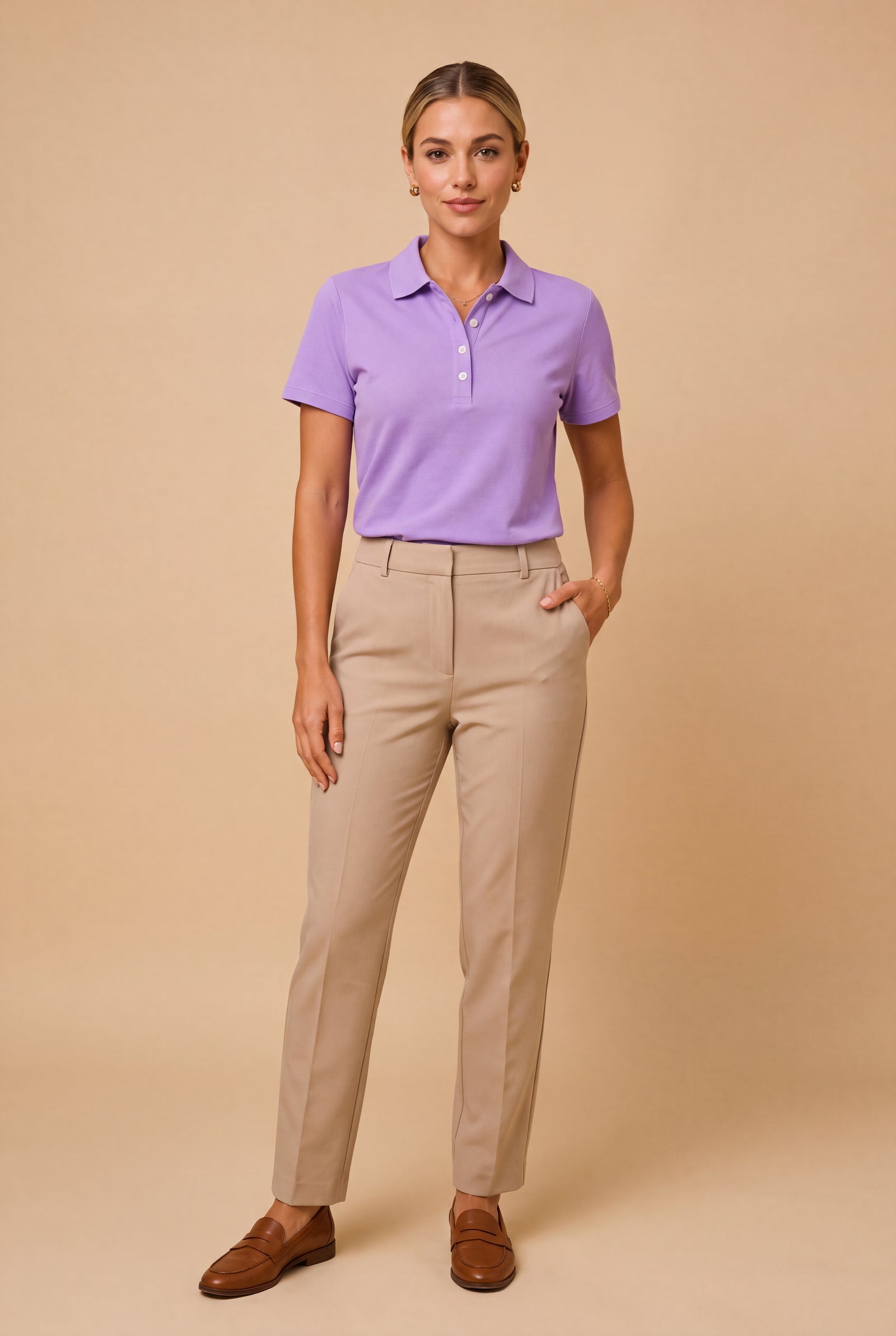 Women's Polo Shirt Elegant Fit in Purple — studio front