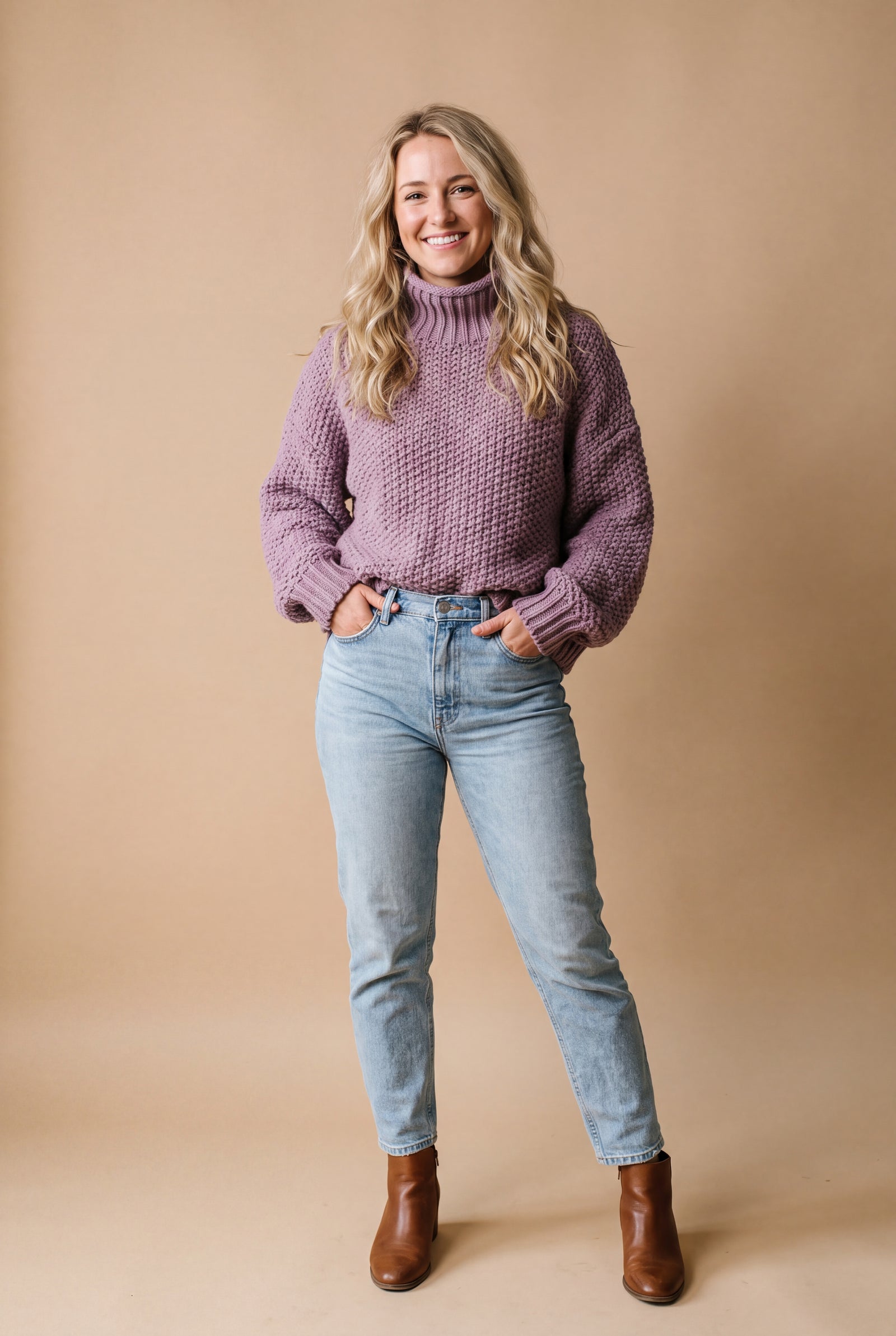Women's Sweater High Neck Extra Long Sleeve in Purple — studio full