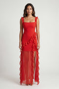 Red Asymmetric Ruffle Maxi Dress with High Slit - Photo 2