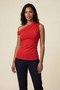 Red Asymmetrical One Shoulder Draped Top with Single Sleeve - One shoulder top - Photo 9
