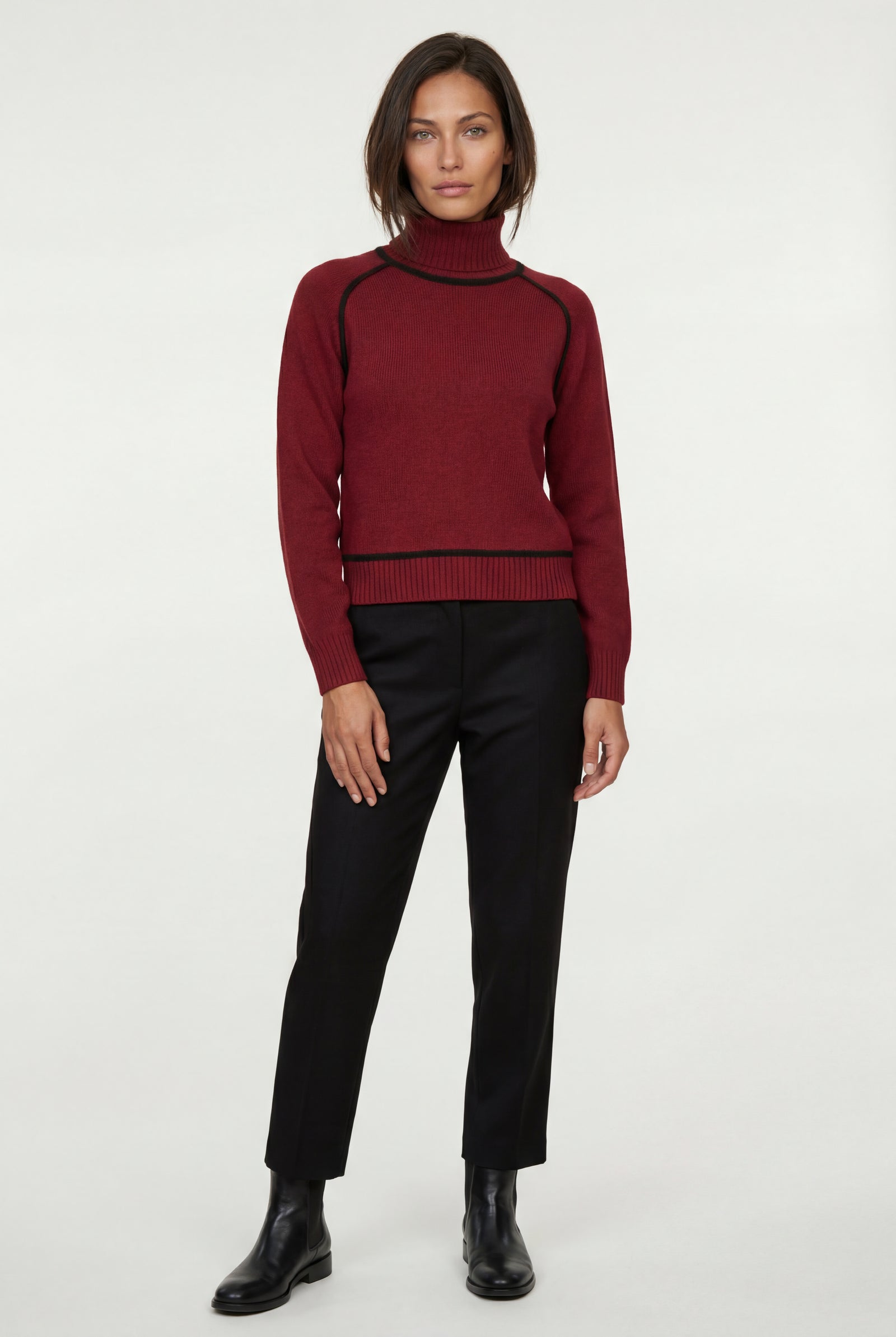 Red Balloon Sleeve Oversized High Neck Sweater with Piping - Oversized sweater - Photo 17