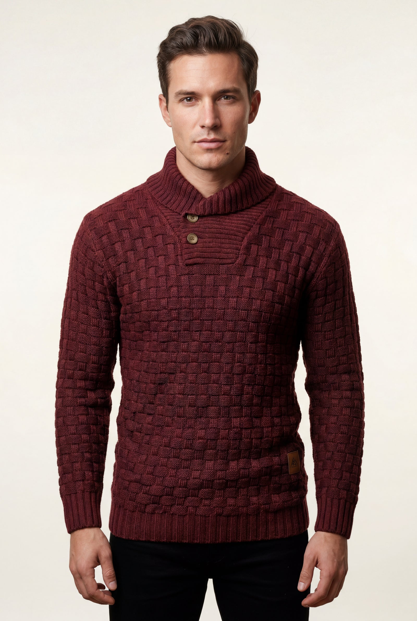 Red Basketweave Shawl Collar Sweater with Button Detail - Knit sweaters - Photo 11