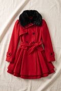 Belted Faux-Fur Collar Coat in Red — studio front