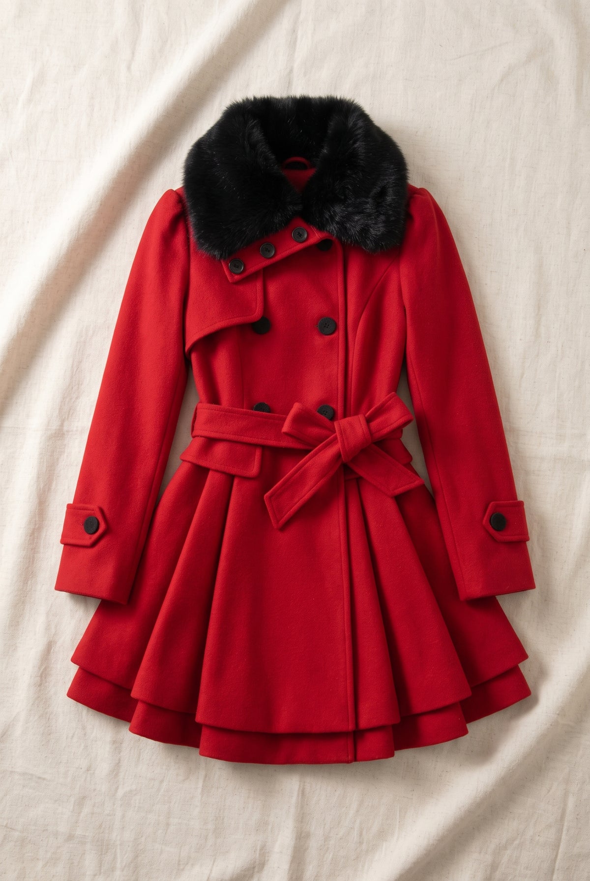 Belted Faux-Fur Collar Coat in Red — studio front