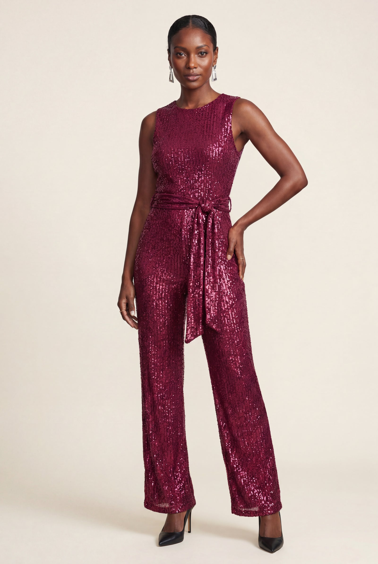 Red Belted Sleeveless Wide-leg Jumpsuit - Sequin jumpsuit - Photo 9