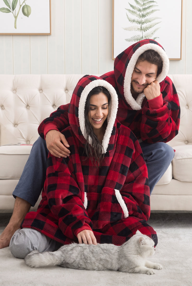 Oversized Fleece Blanket Hoodie in Red/Black — studio detail