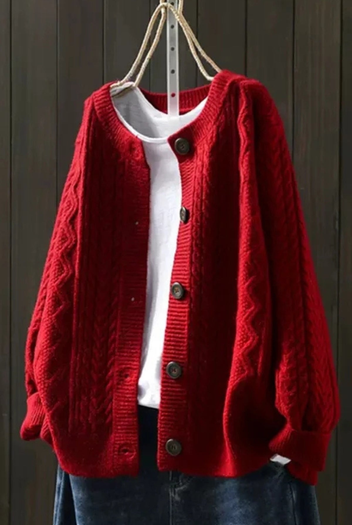 Cable-Knit Button Cardigan in Red — front view