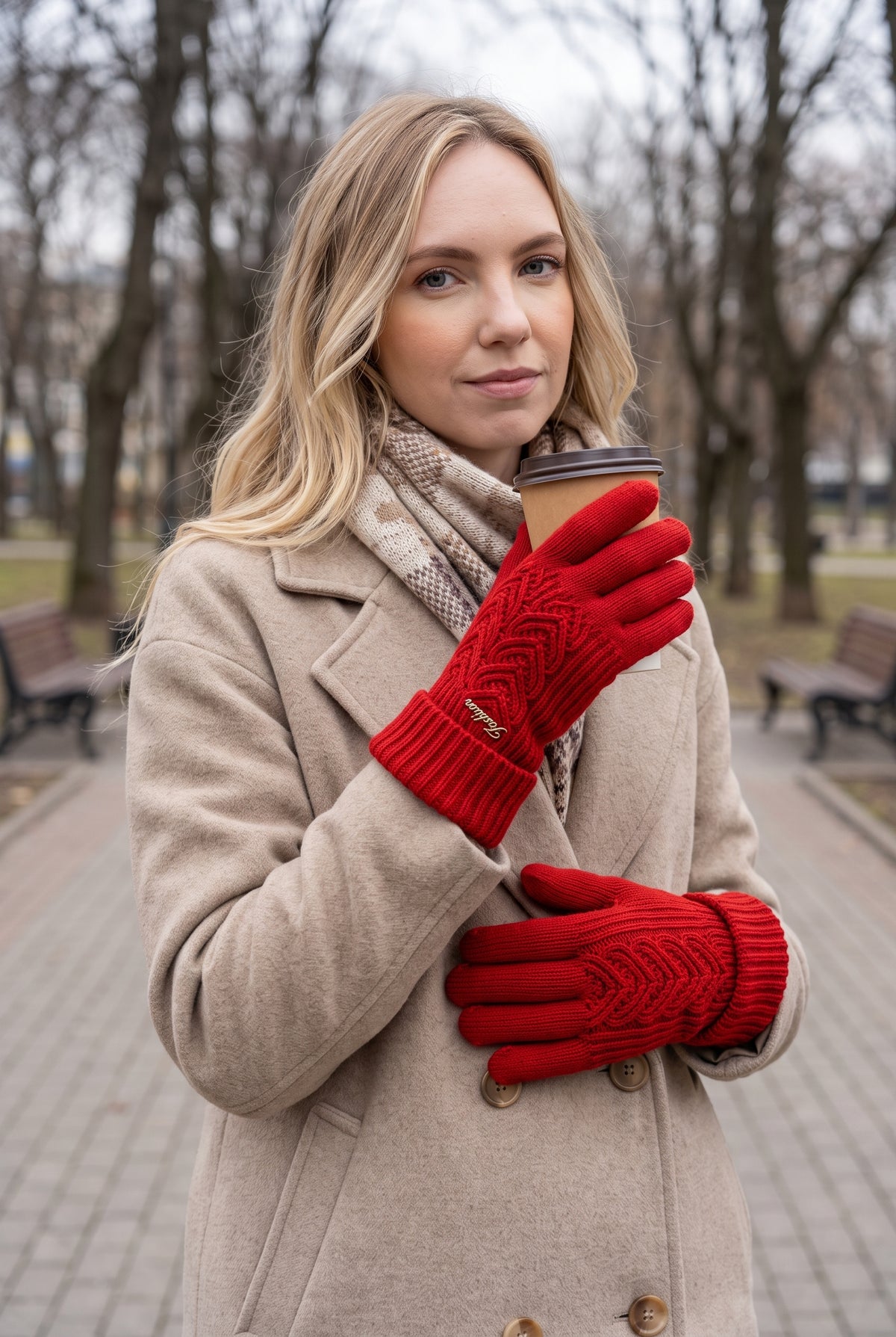 Cable-Knit Gloves with Ribbed Cuffs in Red — lifestyle