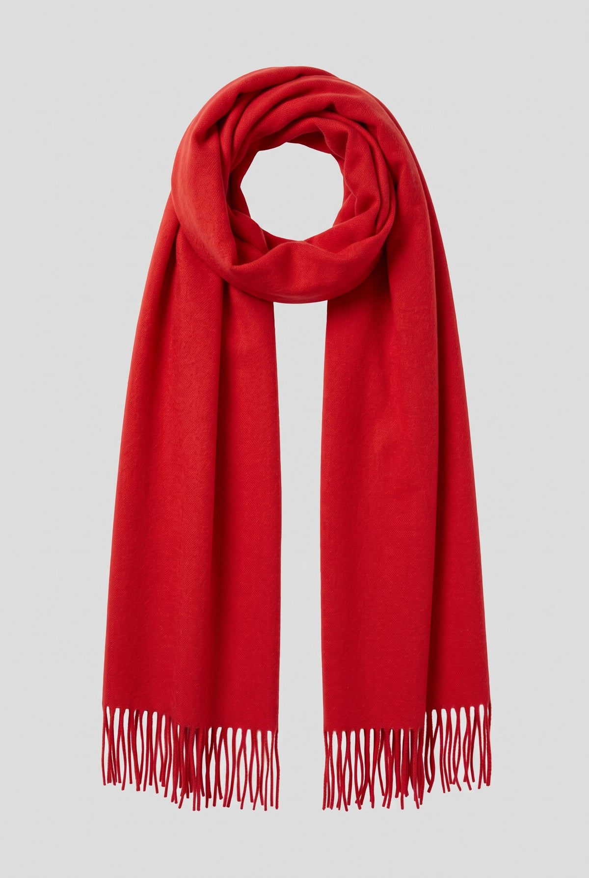 Cashmere Fringed Scarf in Red — studio front
