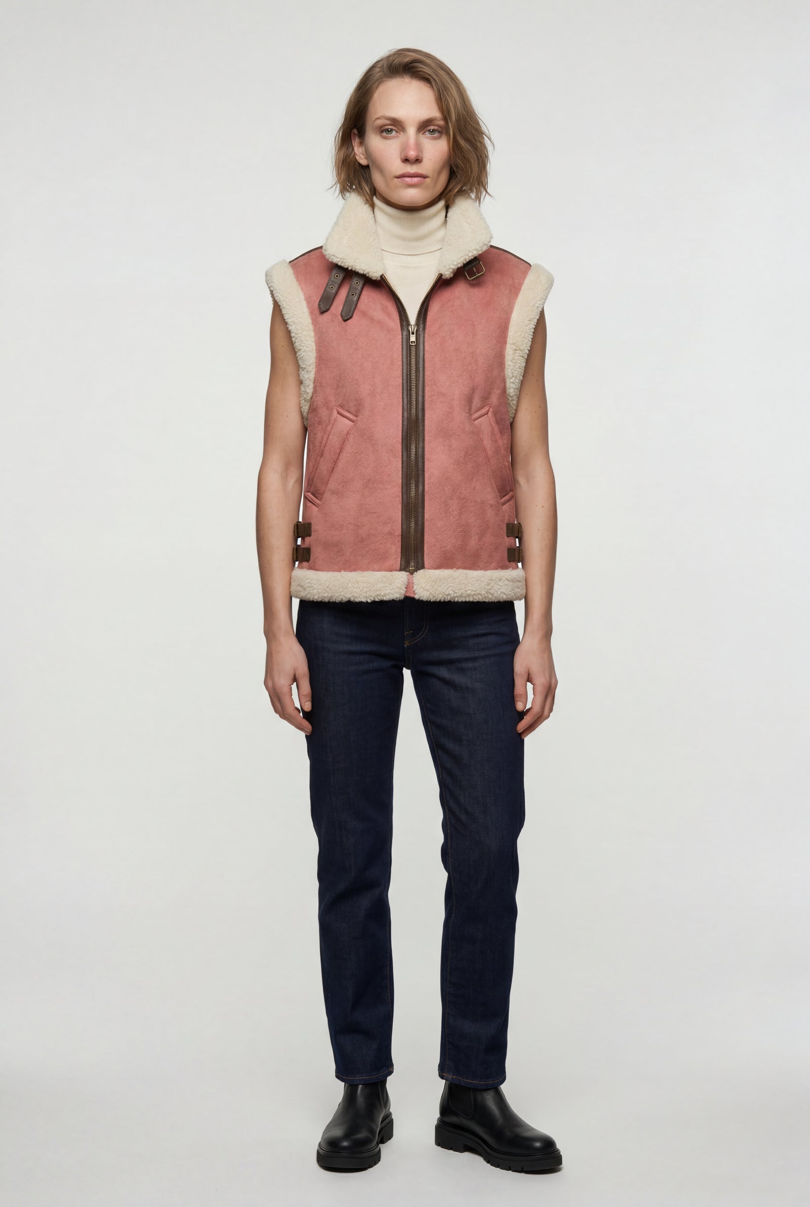 Red Collar Sleeveless Aviator Vest with Plush Trim - Aviator vests - Photo 2