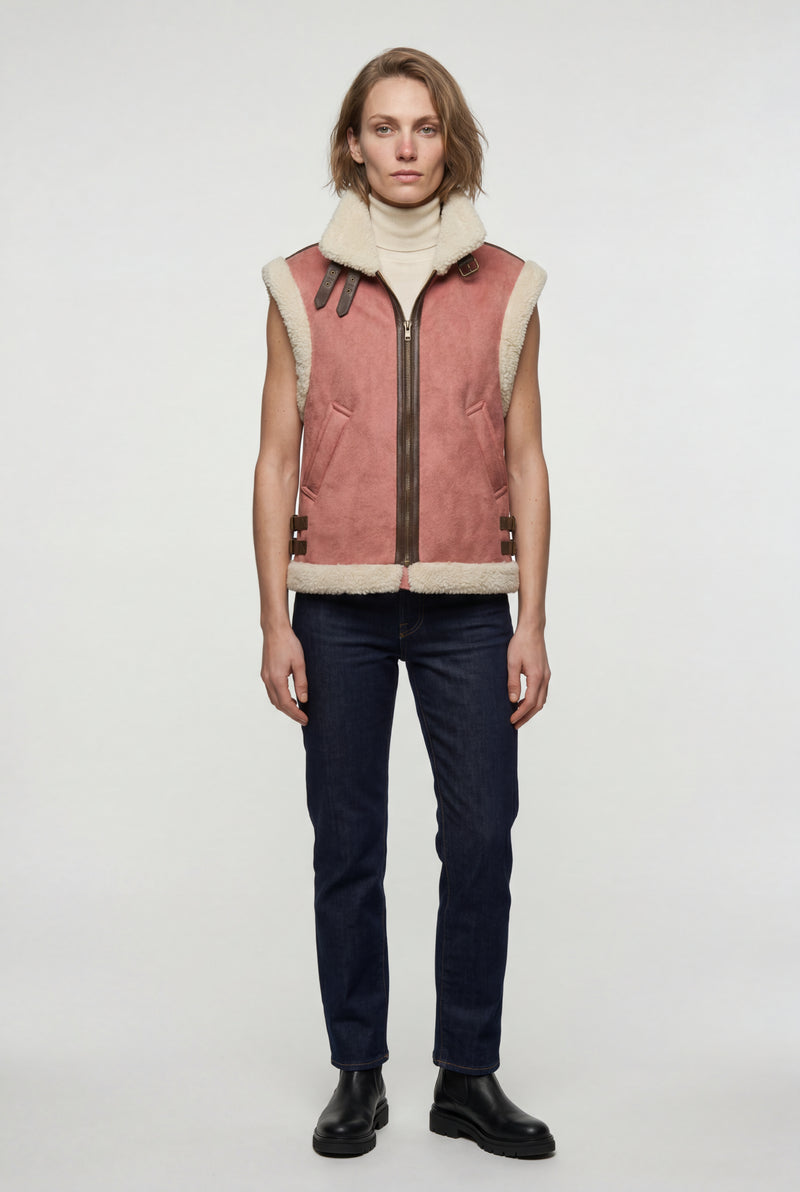 Red Collar Sleeveless Aviator Vest with Plush Trim - Aviator vests - Photo 2