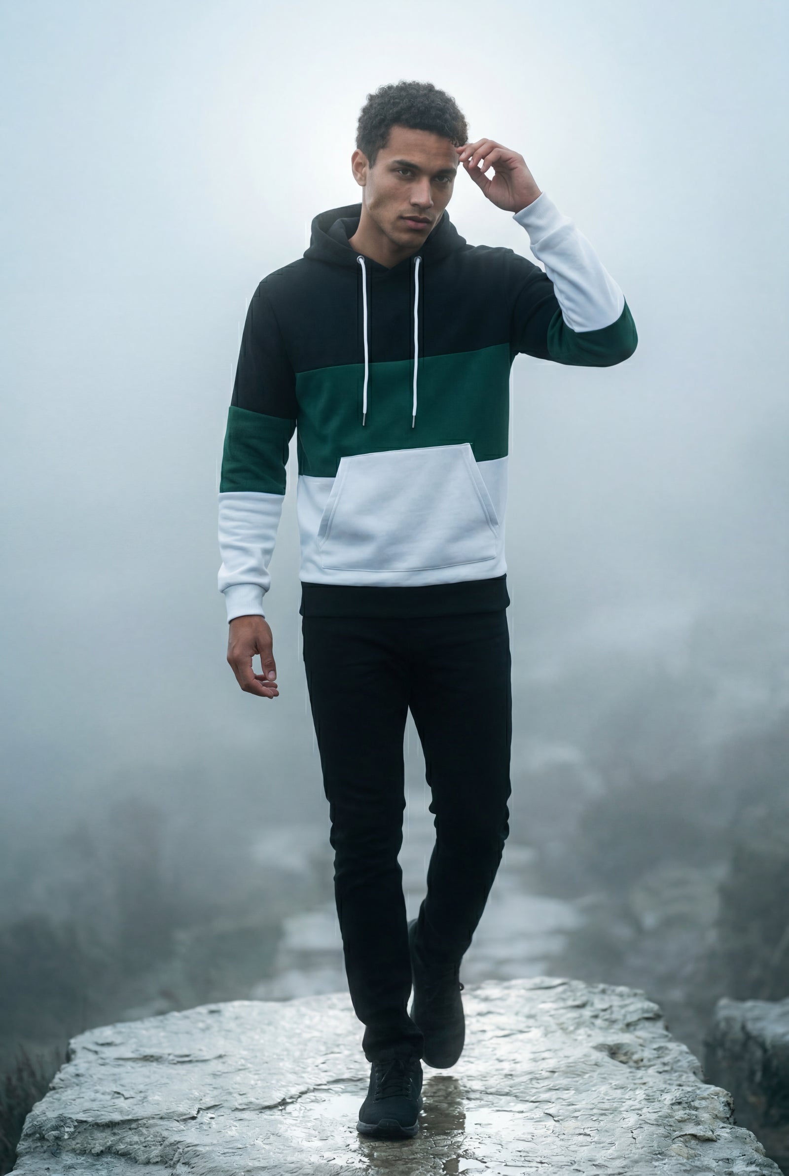 Green Color Block Pullover Hoodie with Kangaroo Pocket - Color block hoodie - Photo 8