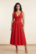 Red Corset Bodice Sleeveless Midi Dress with Tie Front - Photo 10