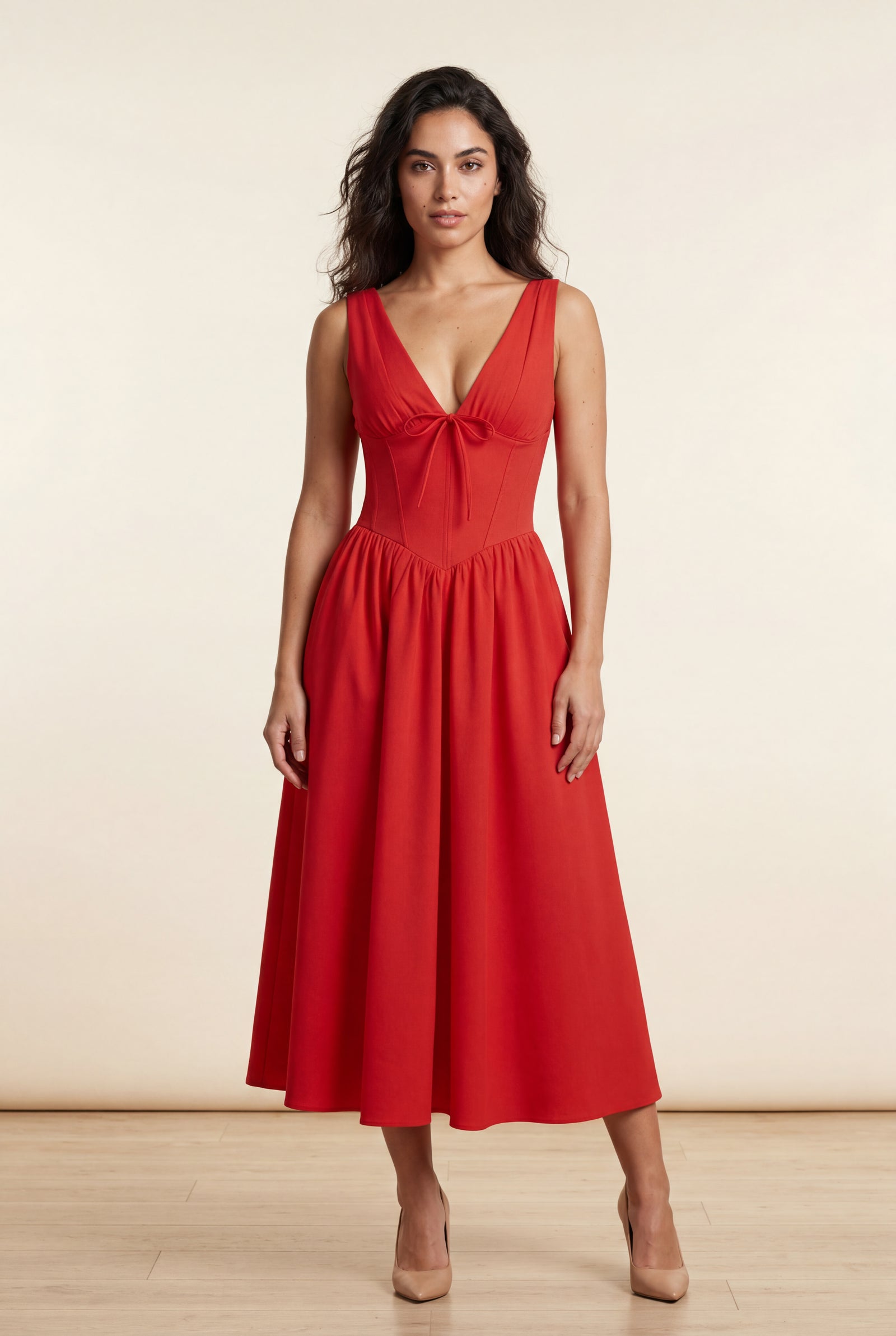 Red Corset Bodice Sleeveless Midi Dress with Tie Front - Photo 10
