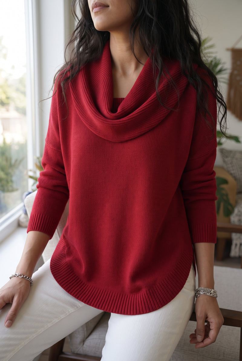 Cowl Neck Knit Sweater in Red — lifestyle