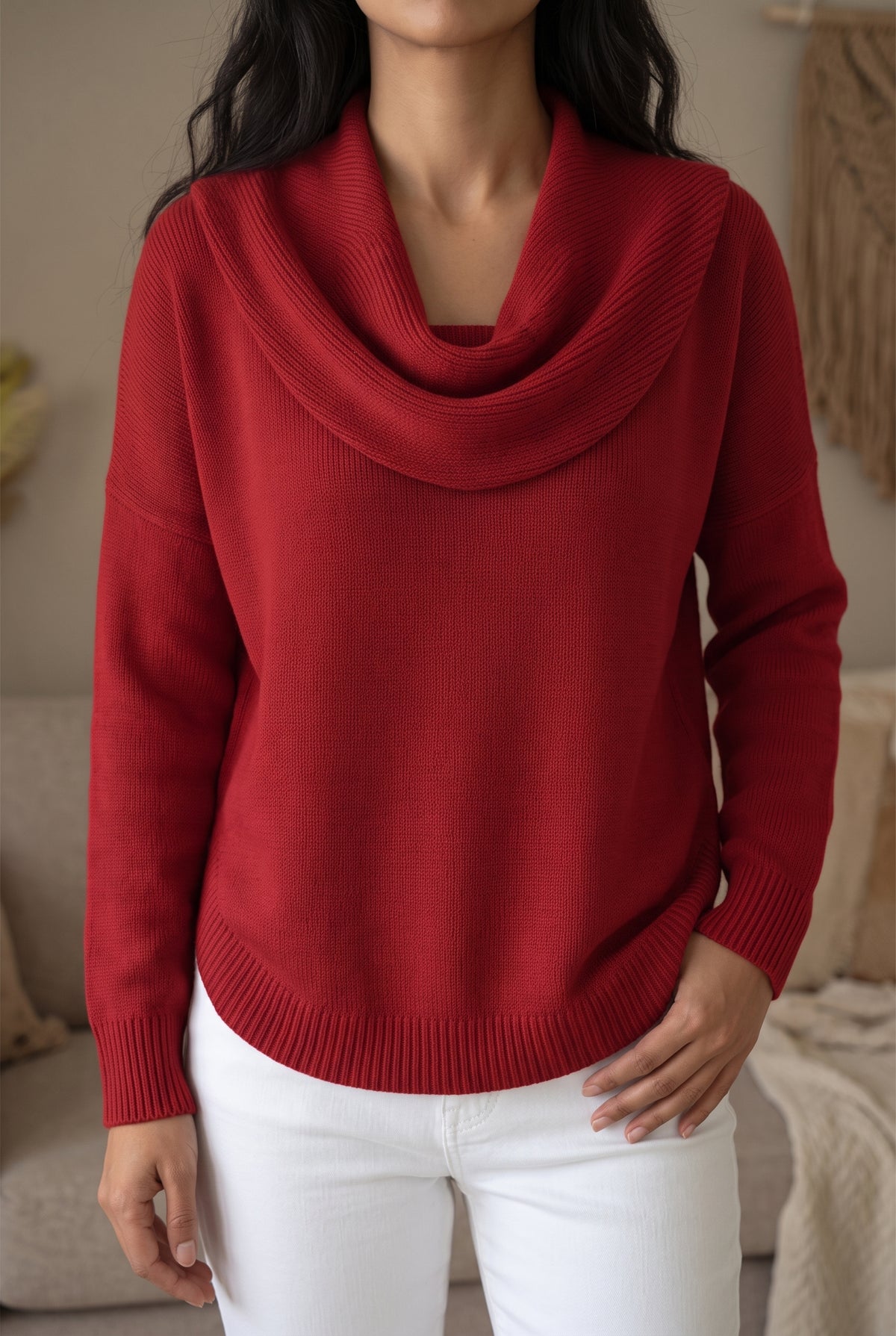 Cowl Neck Knit Sweater in Red — studio front