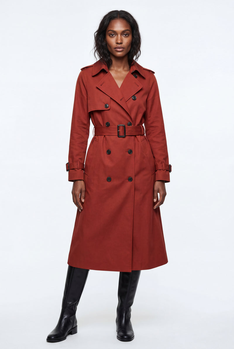 Red Double-breasted Belted Trench Coat with Storm Flap - Photo 4