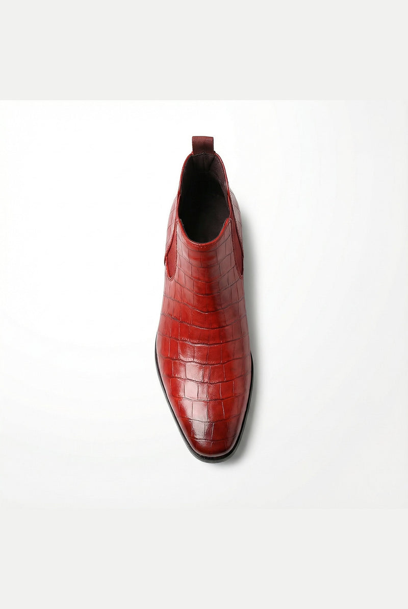 Embossed Leather Chelsea Boots in Red — front view