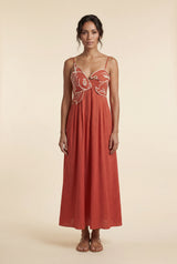 Red Embroidered Fish Motif Open Back Maxi Dress - Photo 1