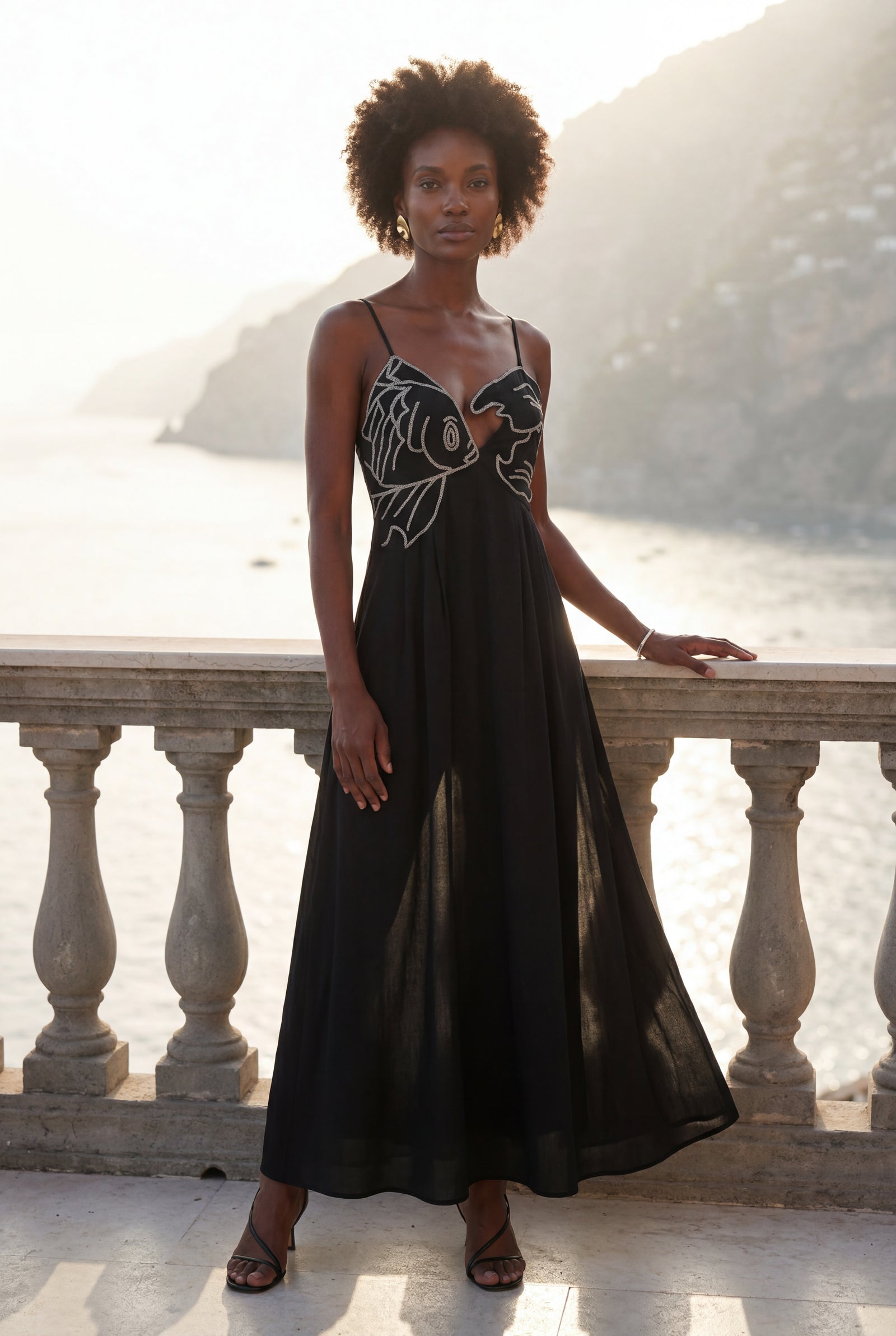Black Embroidered Fish Motif Open Back Maxi Dress - Photo 10