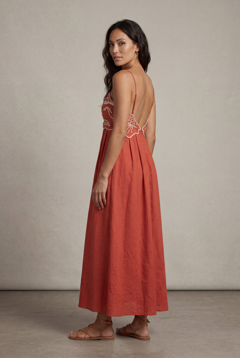 Red Embroidered Fish Motif Open Back Maxi Dress - Photo 2