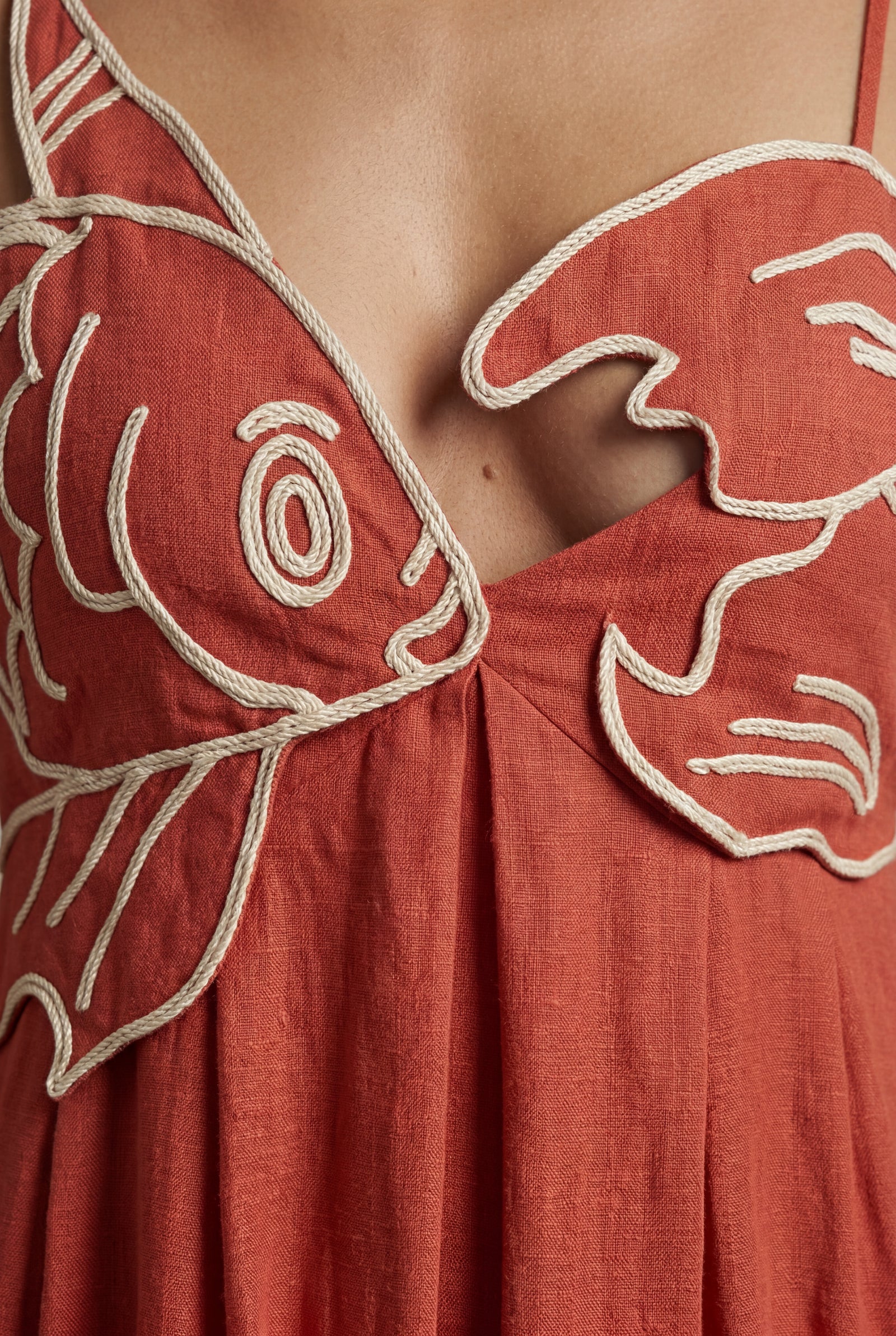 Red Embroidered Fish Motif Open Back Maxi Dress - Photo 3