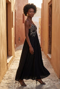 Black Embroidered Fish Motif Open Back Maxi Dress - Photo 9